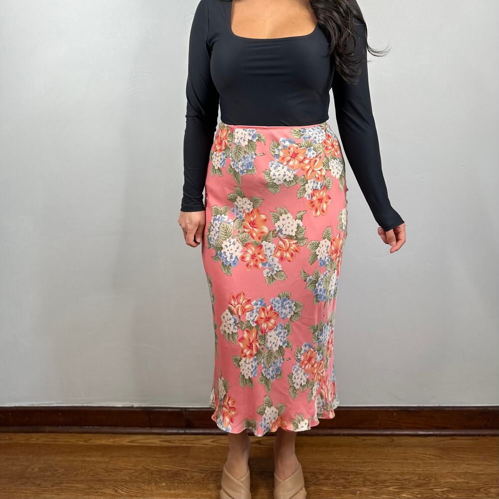 Jones New York Signature Silk Pink Floral Midi Column Skirt